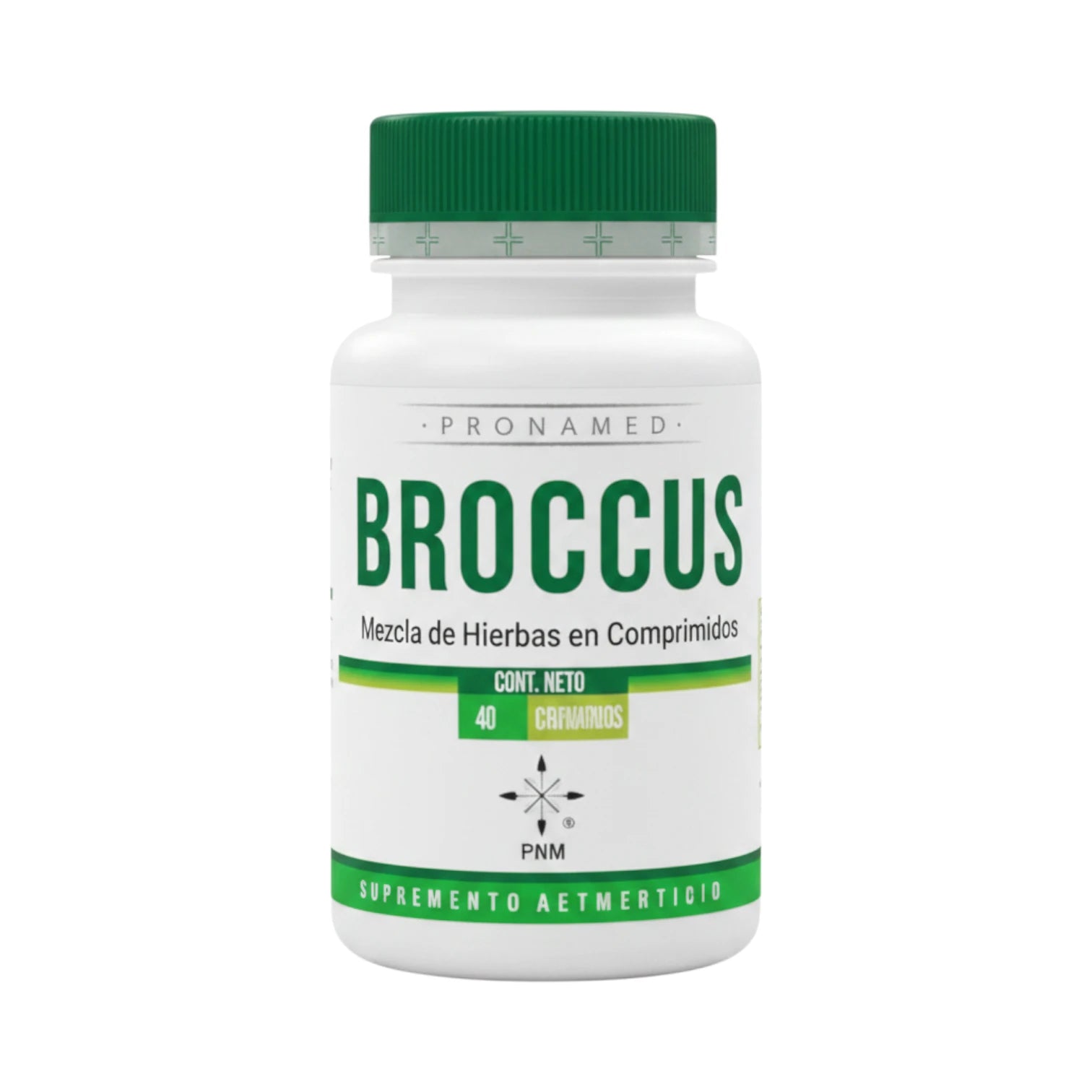 Frasco de Broccus Pronamed, mezcla de hierbas en comprimidos, presentación de 40 tabletas.