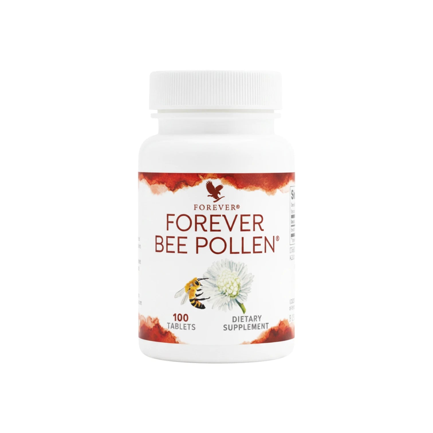 Frasco blanco de 100 tabletas de Forever Bee Pollen con etiqueta color terracota e ilustración de abeja y flor, sobre fondo blanco
