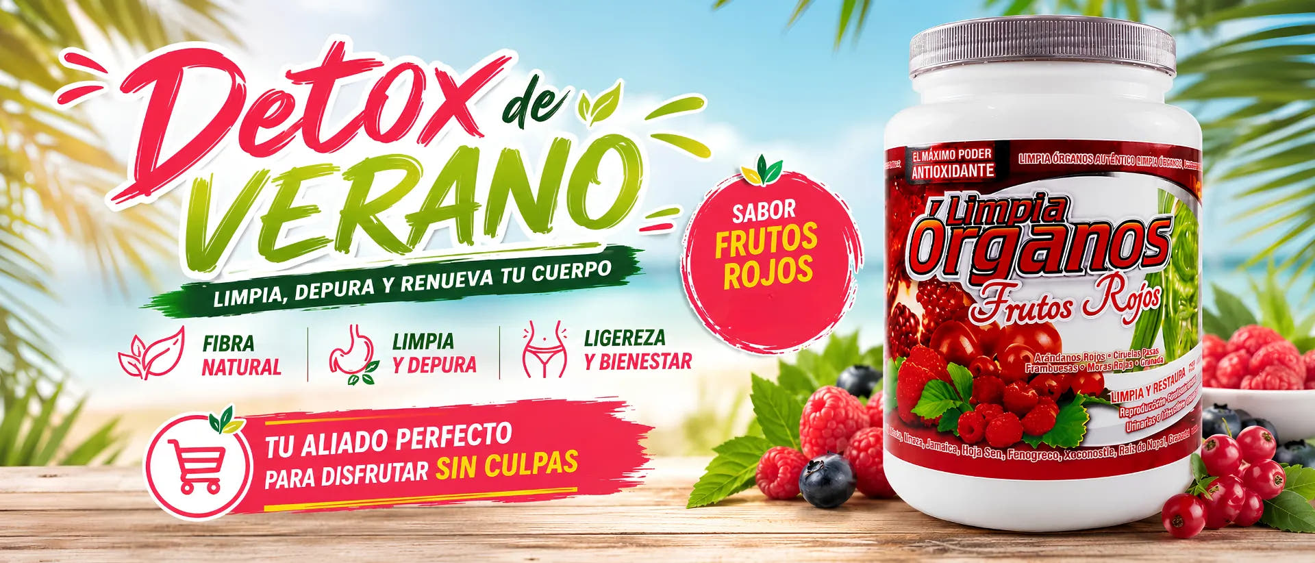 Banner publicitario de Detox de Verano, con el frasco de Limpiador de Órganos sabor frutos rojos, frutas del bosque y un fondo tropical.
