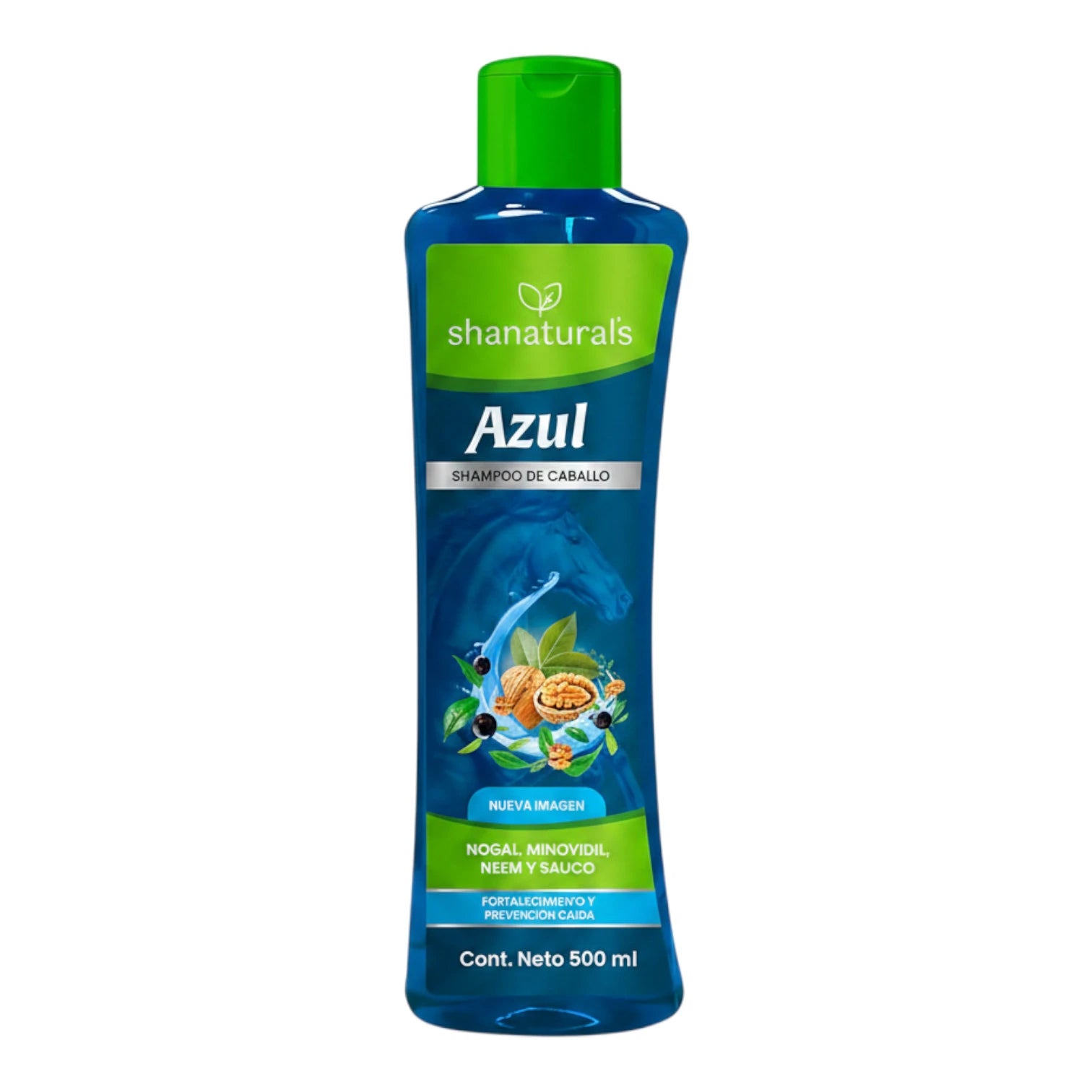 Botella azul de 500 ml de Shampoo de Caballo Azul Shanatural's con tapa verde e ilustración de caballo y nueces, sobre fondo blanco