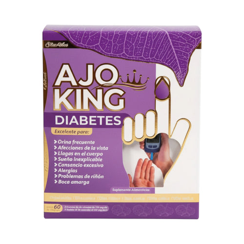 Caja y frasco de Ajo King Diabetes, suplemento alimenticio, presentación de 60 cápsulas