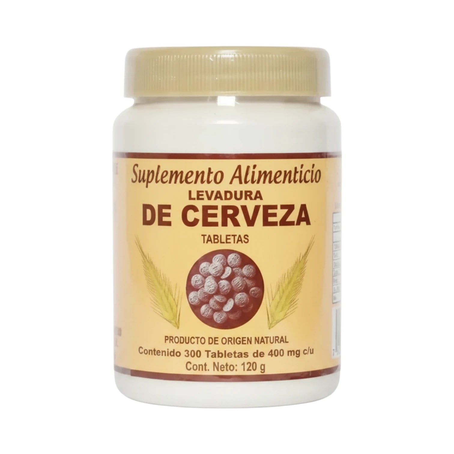 Frasco blanco con tapa color hueso de 300 tabletas de Levadura de Cerveza CENTRO BOTÁNICO AZTECA, etiqueta beige con espigas de trigo, sobre fondo blanco