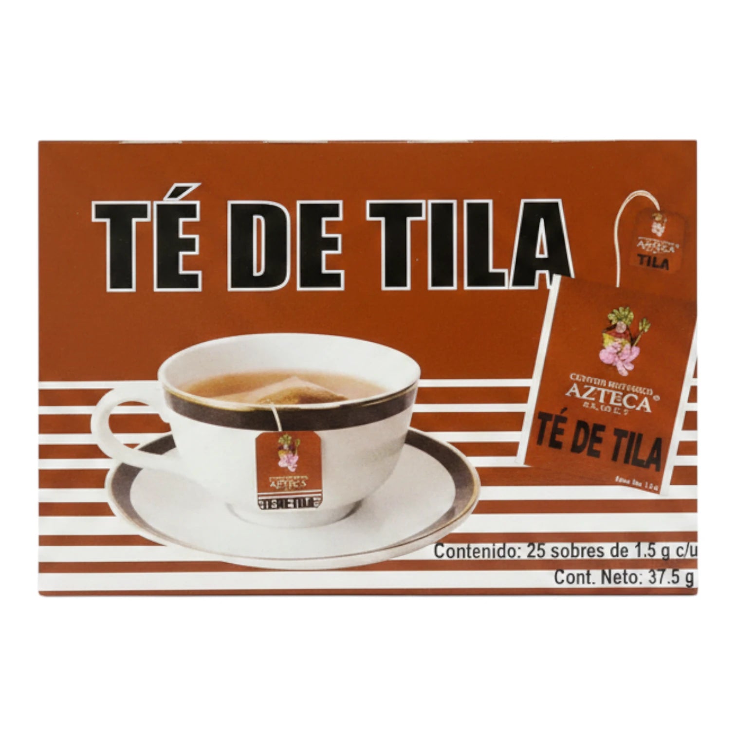Caja café de Té de Tila Centro Botánico Azteca con 25 sobres, ilustración de taza de té, sobre fondo blanco