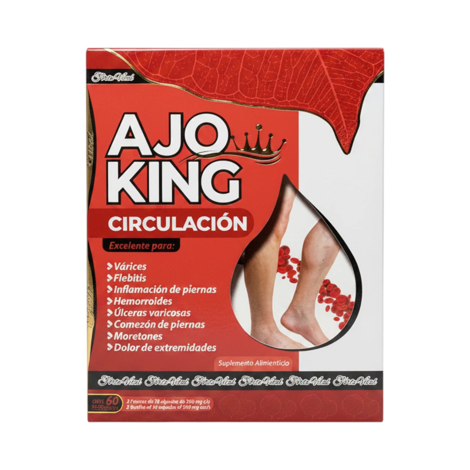 Caja y frasco de Ajo King Circulación, suplemento alimenticio, presentación de 60 cápsulas.