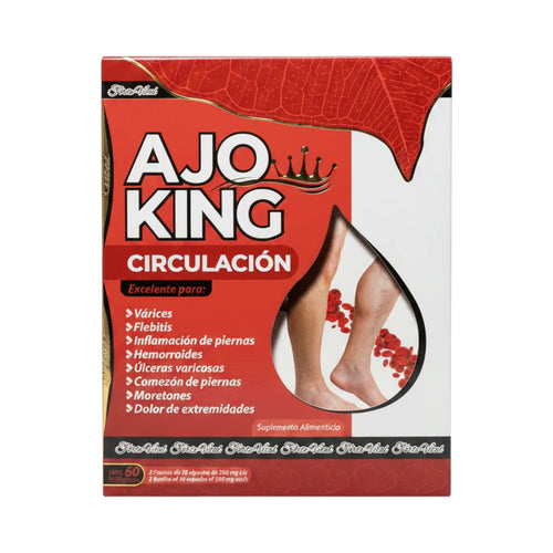 Caja y frasco de Ajo King Circulación, suplemento alimenticio, presentación de 60 cápsulas.