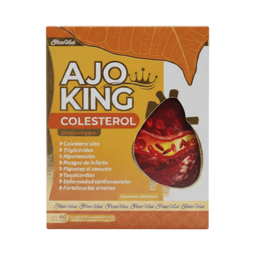 Caja y frasco de Ajo King Colesterol, suplemento alimenticio, presentación de 60 cápsulas