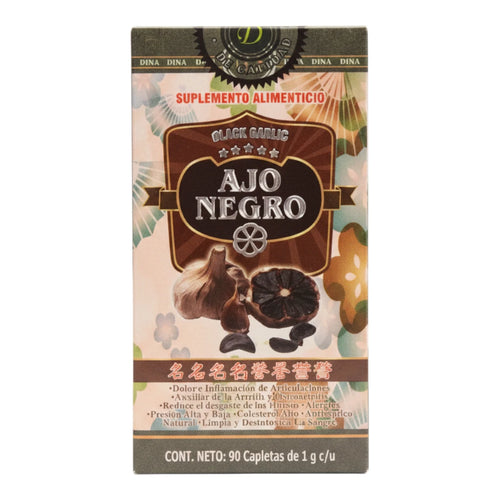 Suplemento alimenticio Ajo Negro (Black Garlic) de la marca Dina, presentación en caja con diseño elegante en tonos cafés, verdes y dorados con ilustraciones de cabezas de ajo negro; contiene 90 capletas de 1 g cada una (Cont. Neto: 90 Capletas de 1 g c/u) de calidad garantizada de cinco estrellas, fórmula diseñada como auxiliar para dolores e inflamación de articulaciones, artritis y osteoartritis, reducir el desgaste de los huesos, alergias, presión alta y baja, colesterol alto, como antireumático natural