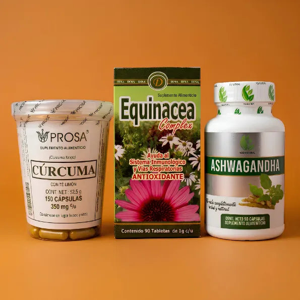 Kit de inmunidad con frasco de Cúrcuma Prosa con limón, caja de tabletas Equinácea Complex y frasco de Ashwagandha.