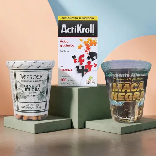 Kit de energía y vitalidad con frasco de Ginkgo Biloba Prosa, caja de tabletas ActiKroll y frasco de Maca Negra.