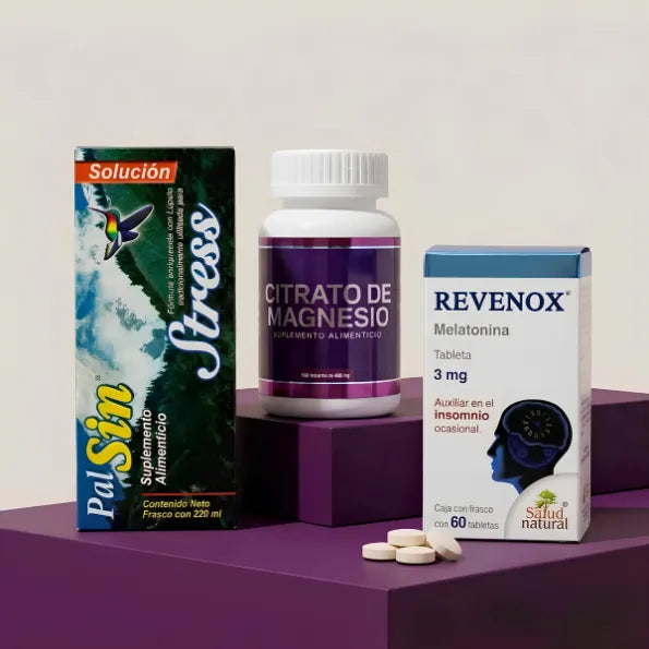 Kit para el estrés con jarabe Pal Sin, frasco de Citrato de Magnesio y caja de tabletas Revenox.