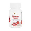 Frasco blanco de 60 tabletas de Forever Therm con etiqueta roja y logo de águila, sobre fondo blanco