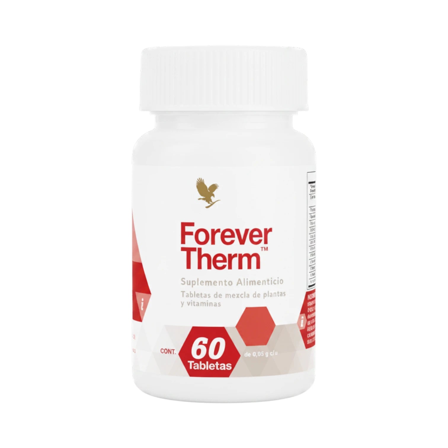 Frasco blanco de 60 tabletas de Forever Therm con etiqueta roja y logo de águila, sobre fondo blanco