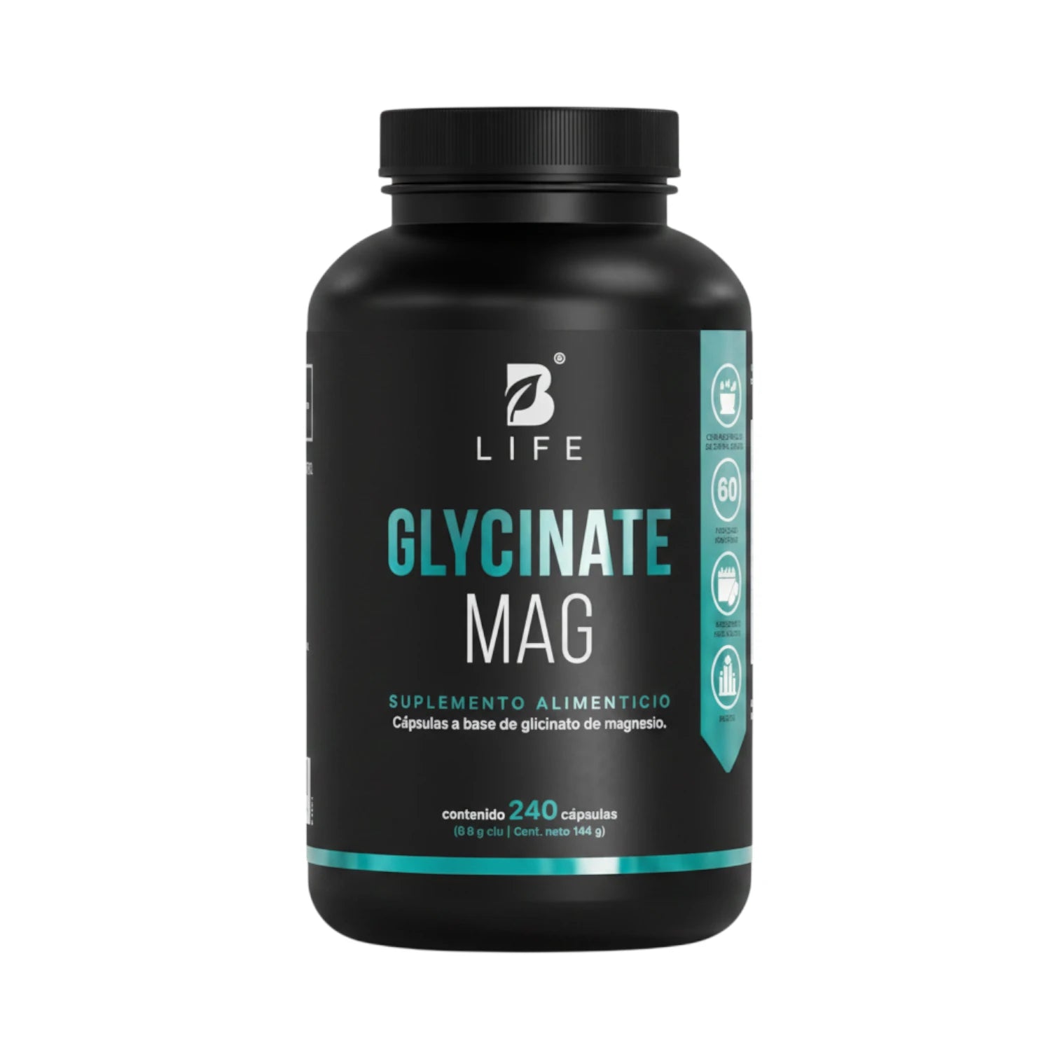 Frasco de Glycinate Mag B Life, suplemento de glicinato de magnesio de alta absorción, 240 cápsulas.