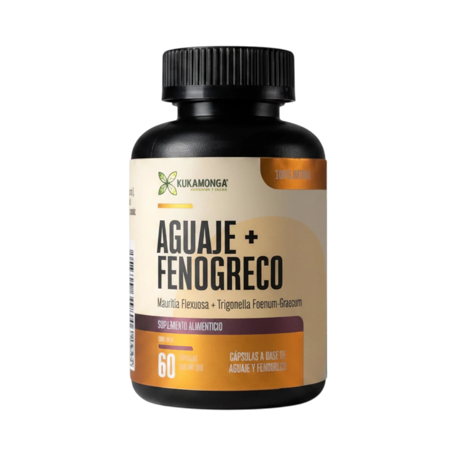 Frasco negro de 60 cápsulas de Aguaje + Fenogreco Kukamonga con etiqueta beige y dorada, sobre fondo blanco