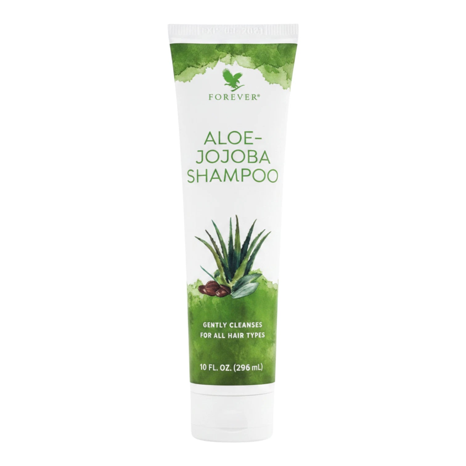 Tubo blanco de 296 ml de Aloe-Jojoba Shampoo Forever con banda verde e ilustración de aloe y semillas de jojoba, sobre fondo blanco