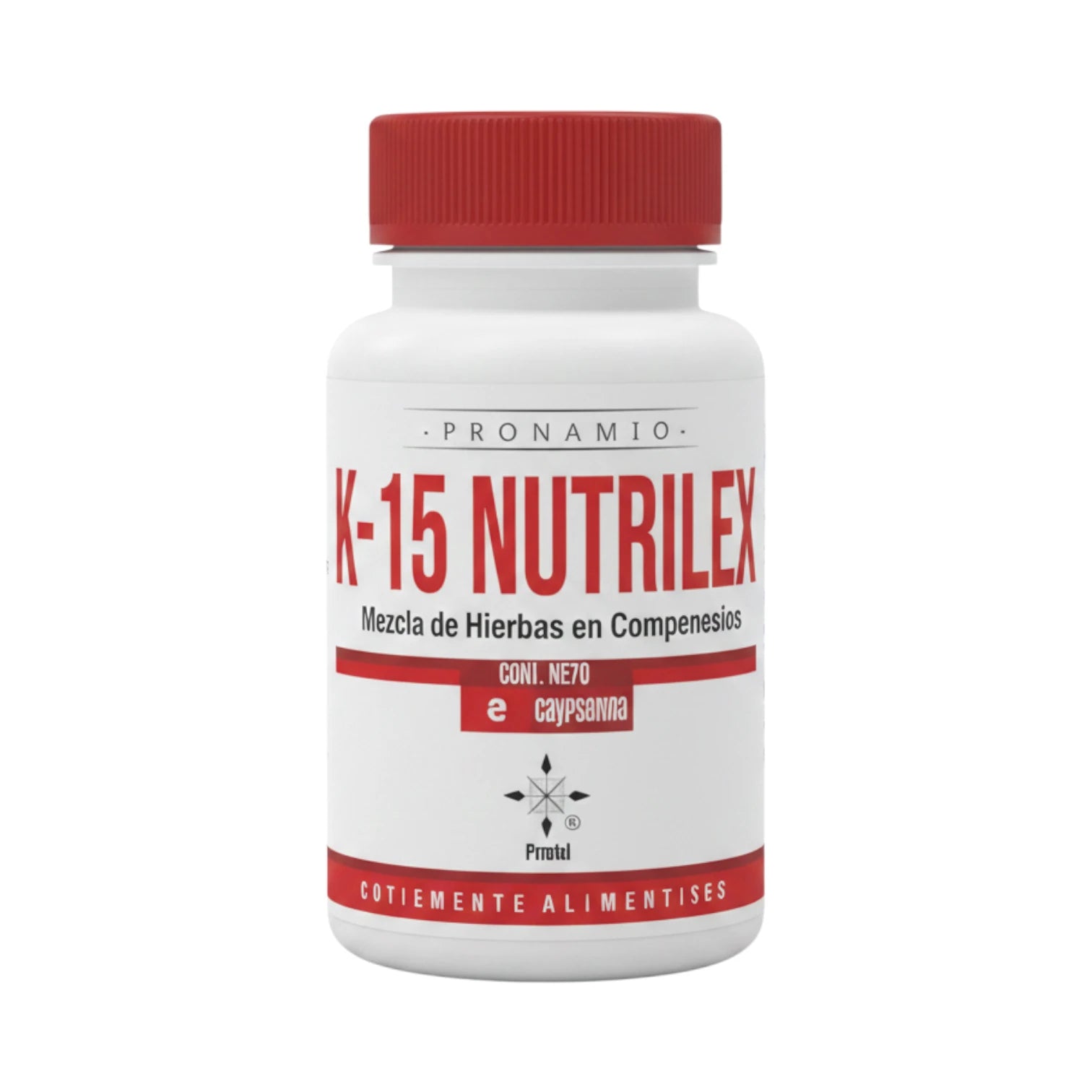 Frasco de K-15 Nutrilex Pronamed, mezcla de hierbas en comprimidos, presentación de 40 comprimidos.