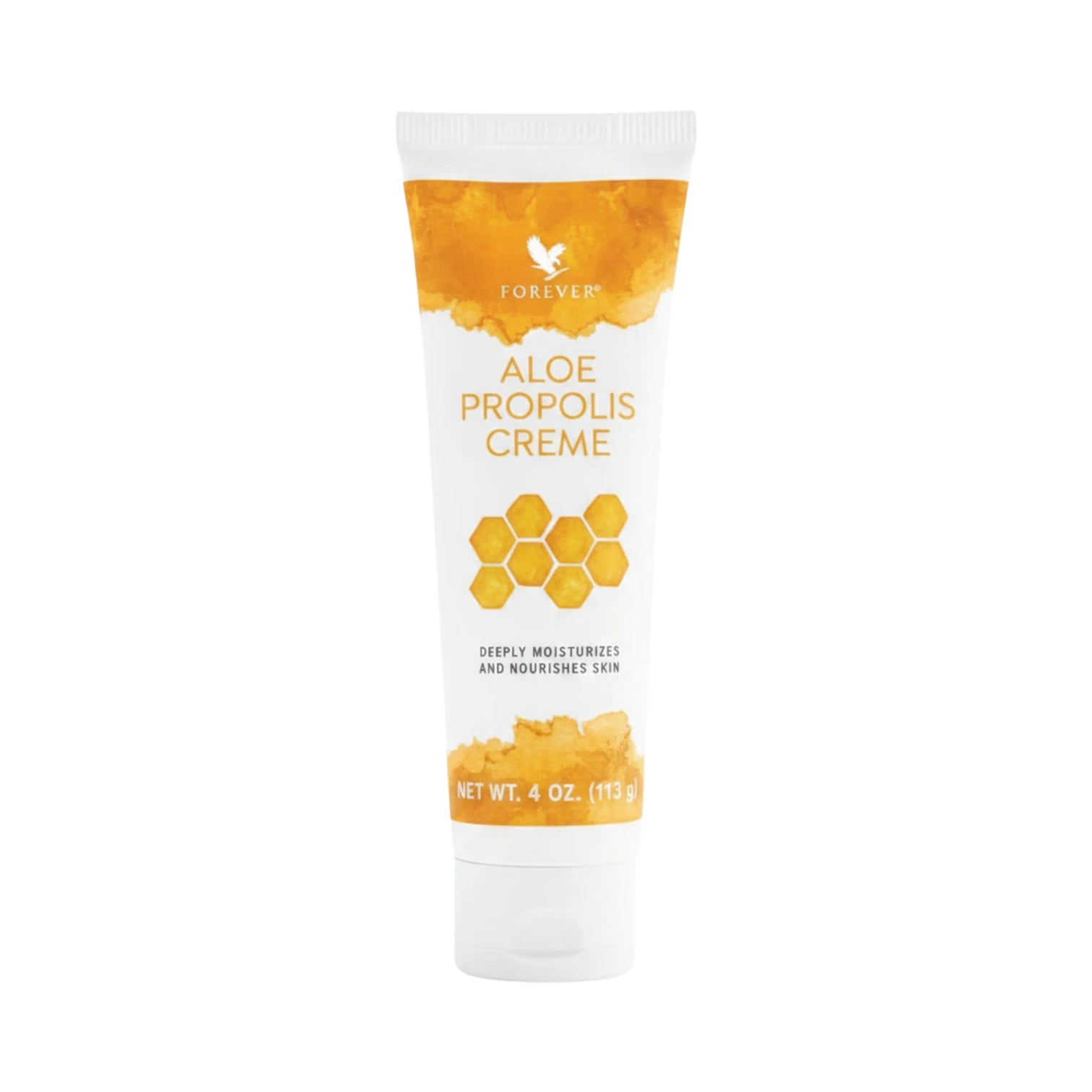 Tubo blanco de 113 g de Aloe Propolis Creme Forever con banda color miel y diseño de panal, sobre fondo blanco