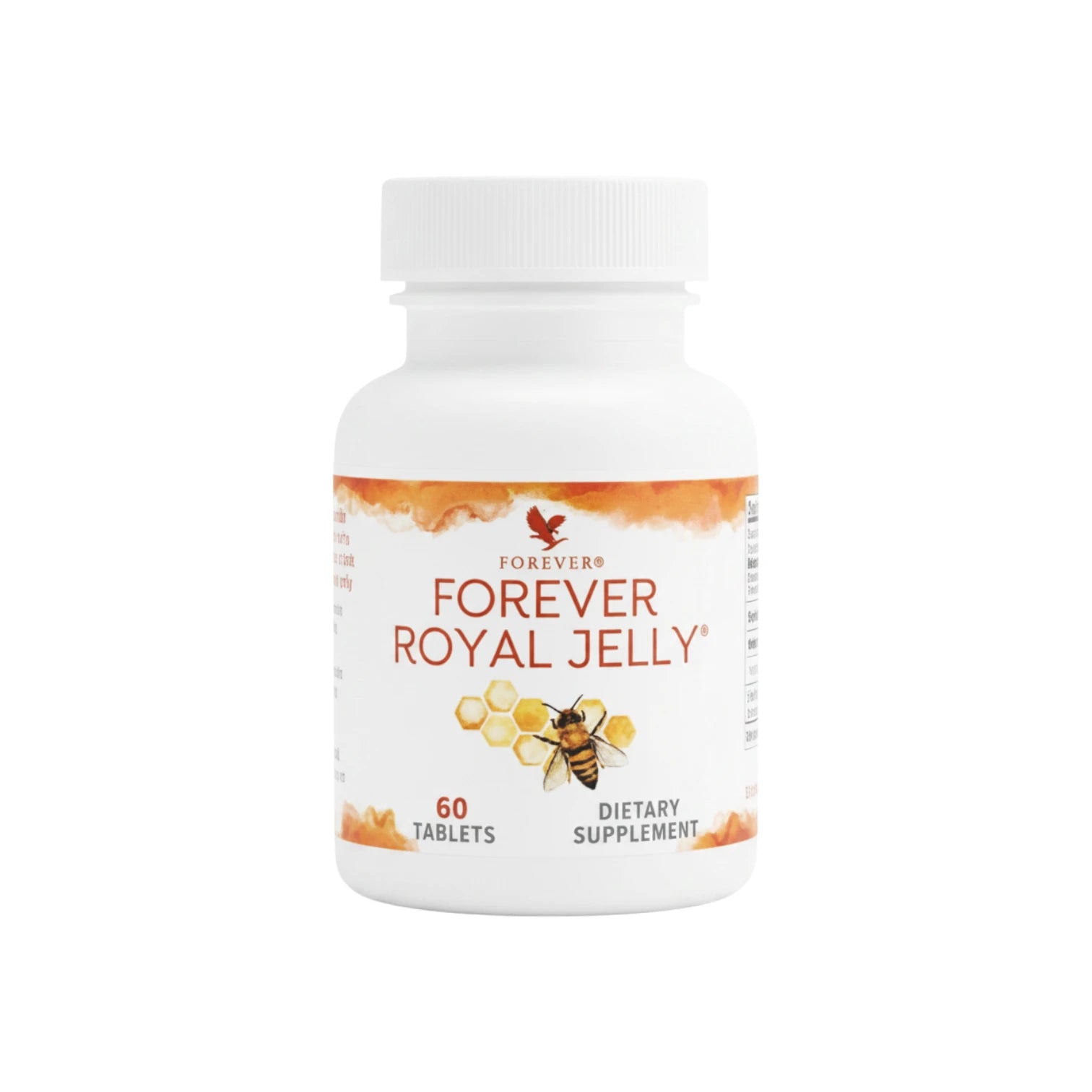 Frasco blanco de 60 tabletas de Forever Royal Jelly con etiqueta color terracota e ilustración de abeja y panal, sobre fondo blanco