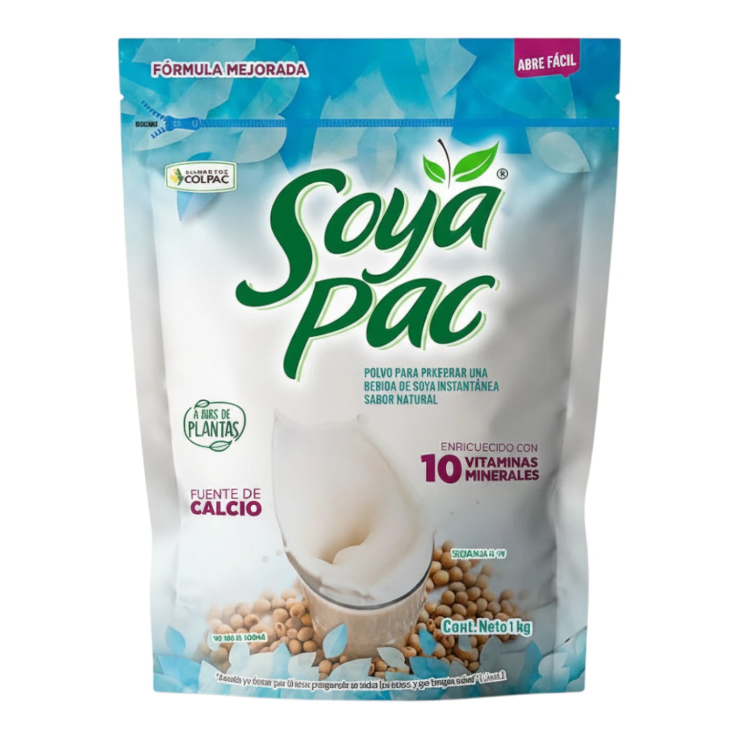 Soya Pac, polvo para preparar bebida de soya instantánea, 1 kg, enriquecido con 10 vitaminas y minerales.