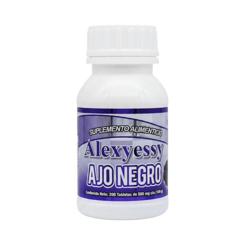 suplemento alimenticio Ajo Negro Alexyessy, frasco con 200 tabletas de 500mg, fórmula antioxidante natural para el apoyo a la salud cardiovascular, circulación sanguínea y fortalecimiento del sistema inmunológico.