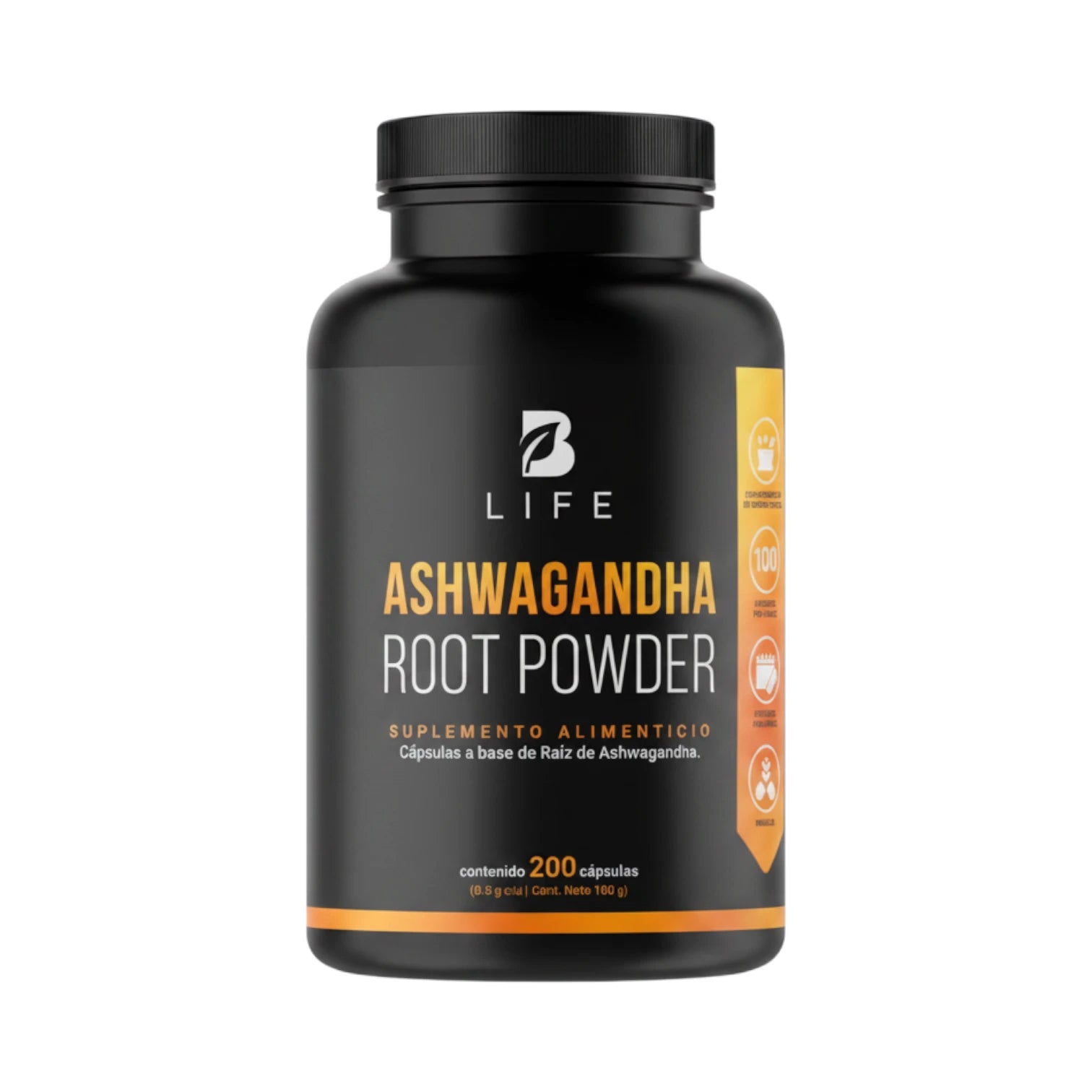 Frasco de Ashwagandha Root Powder B Life, suplemento alimenticio a base de raíz de Ashwagandha, 200 cápsulas
