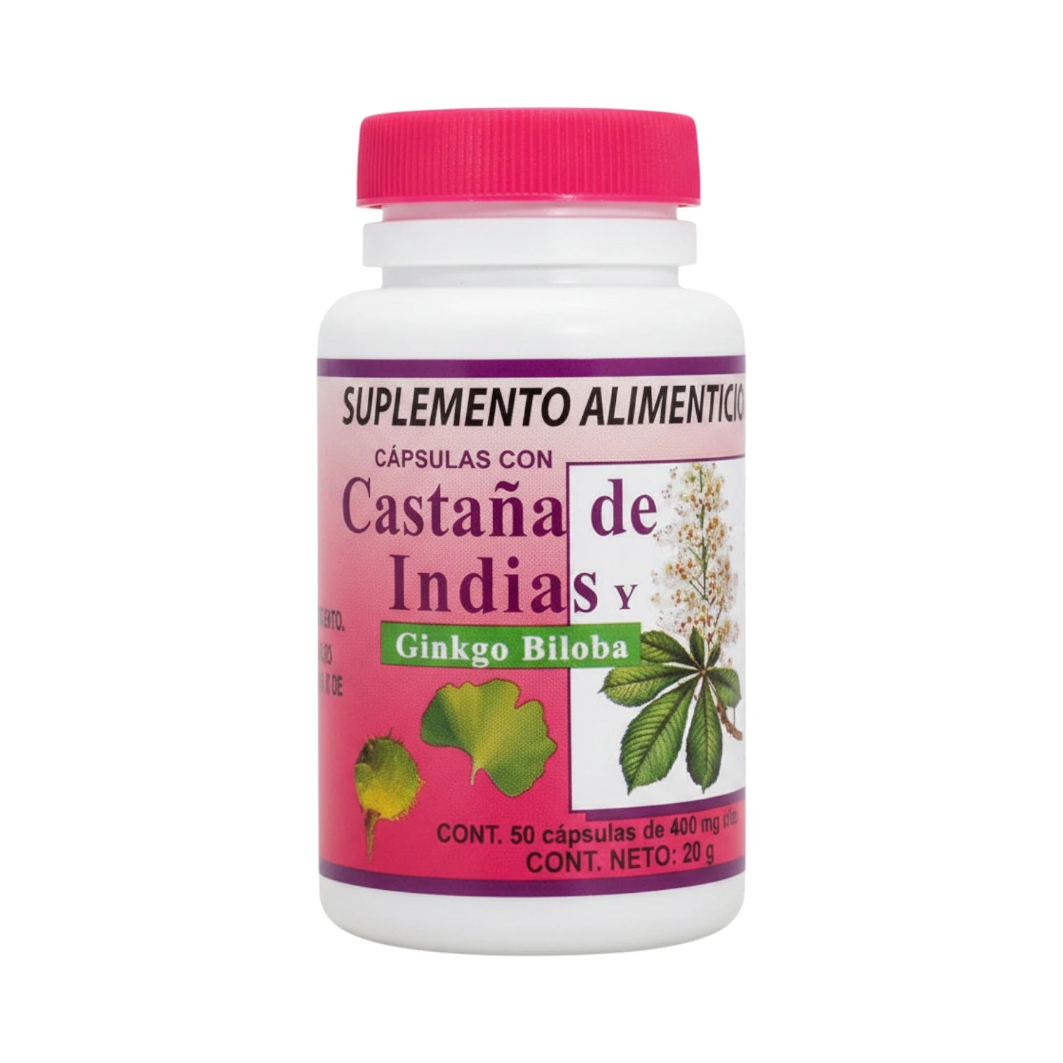 Frasco blanco con tapa rosa de 50 cápsulas de Castaña de Indias y Ginkgo Biloba de Centro Botánico Azteca, etiqueta rosa con ilustración de hojas, sobre fondo blanco