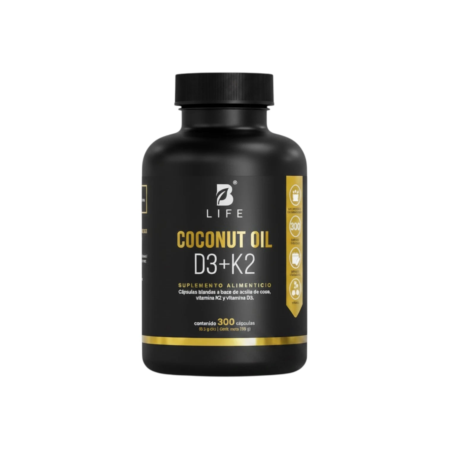 Frasco de Coconut Oil D3+K2 B Life, suplemento alimenticio a base de aceite de coco con vitaminas D3 y K2, 300 cápsulas.