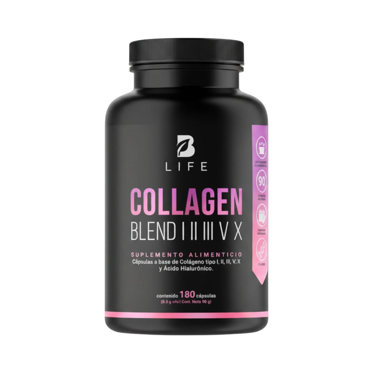 Frasco de Collagen Blend B Life, suplemento alimenticio de colágeno tipos I, II, III, V y X con ácido hialurónico, 180 cápsulas.