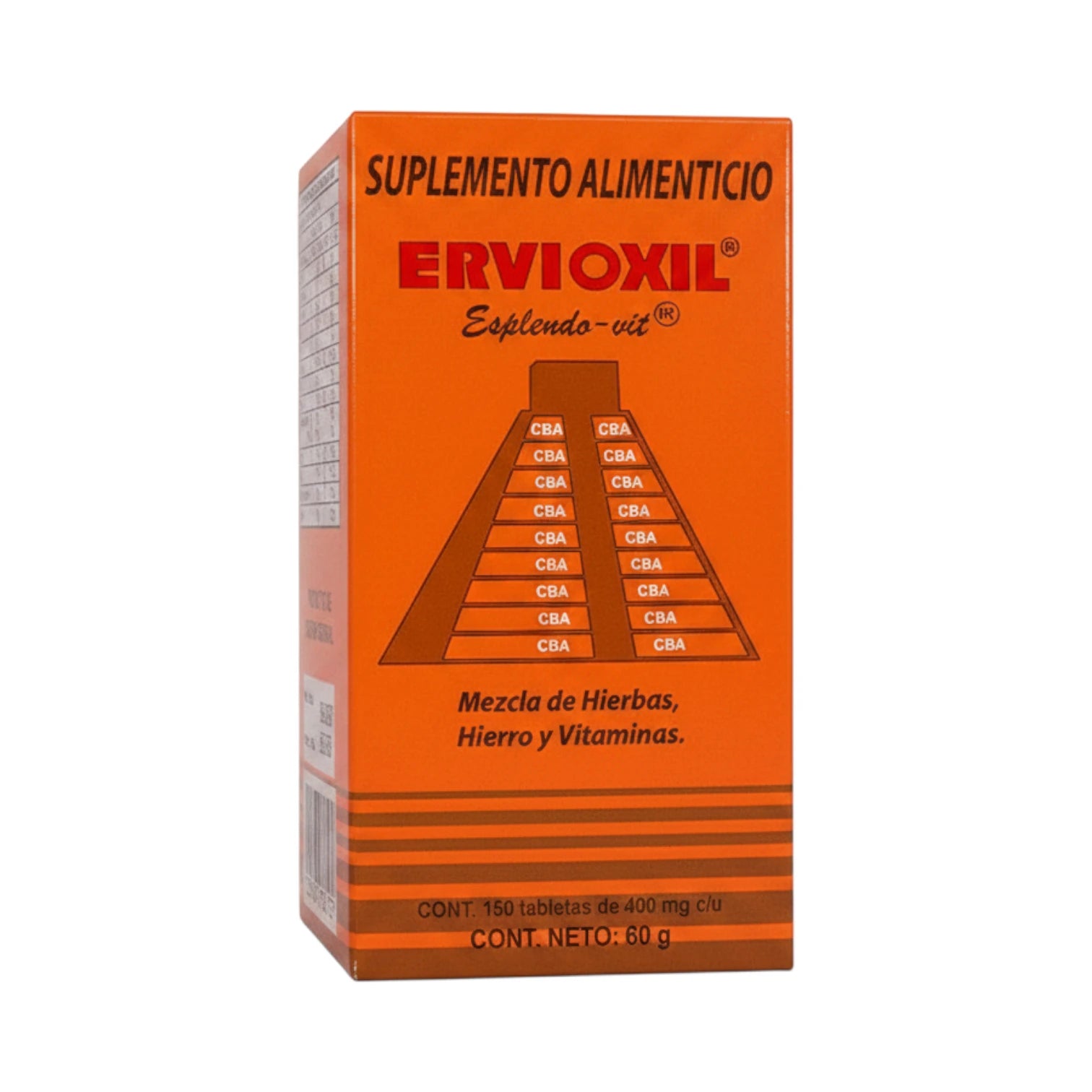 Frasco de Ervioxil Centro Botánico Azteca, suplemento alimenticio con hierbas, hierro y vitaminas, presentación de 150 tabletas.