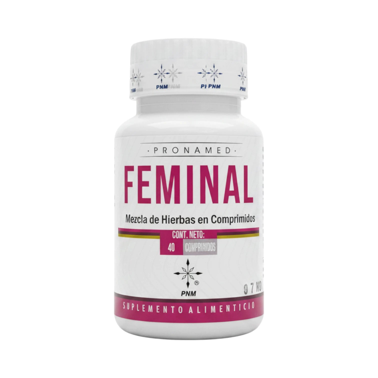 Frasco blanco de 40 comprimidos de Feminal Pronamed con etiqueta rosa y blanca, sobre fondo blanco