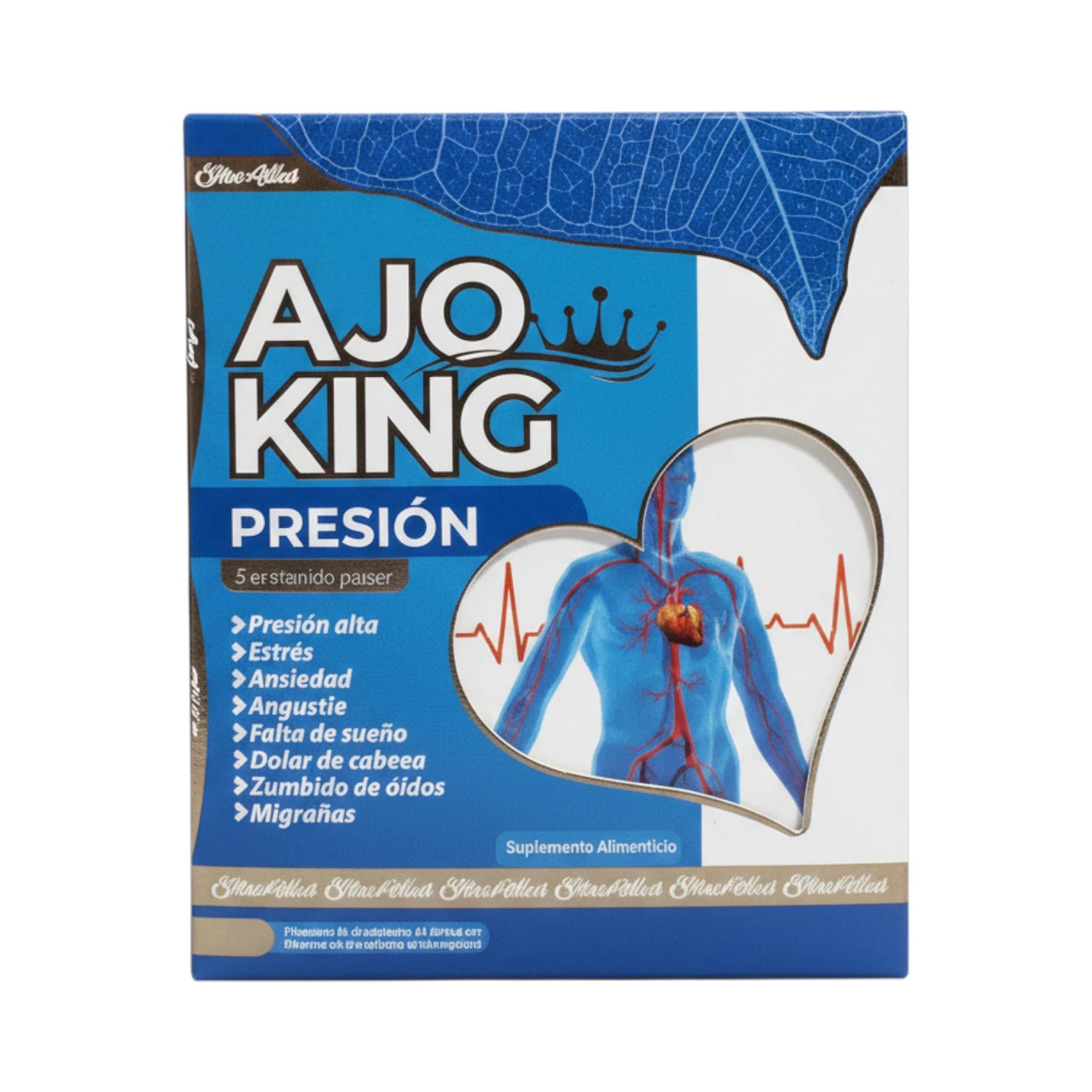 Caja y frasco de Ajo King Presión, suplemento alimenticio, presentación de 60 cápsulas