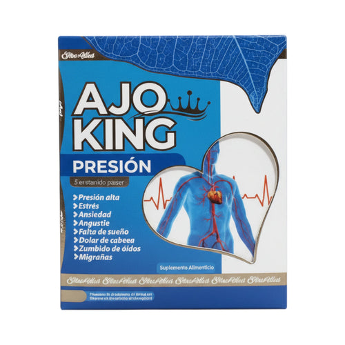 Caja y frasco de Ajo King Presión, suplemento alimenticio, presentación de 60 cápsulas