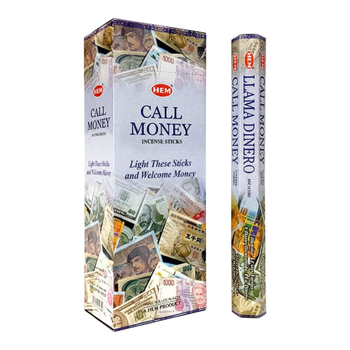 Caja de incienso HEM aroma Llama Dinero (Call Money) con 6 paquetes de 20 varitas, sobre fondo blanco