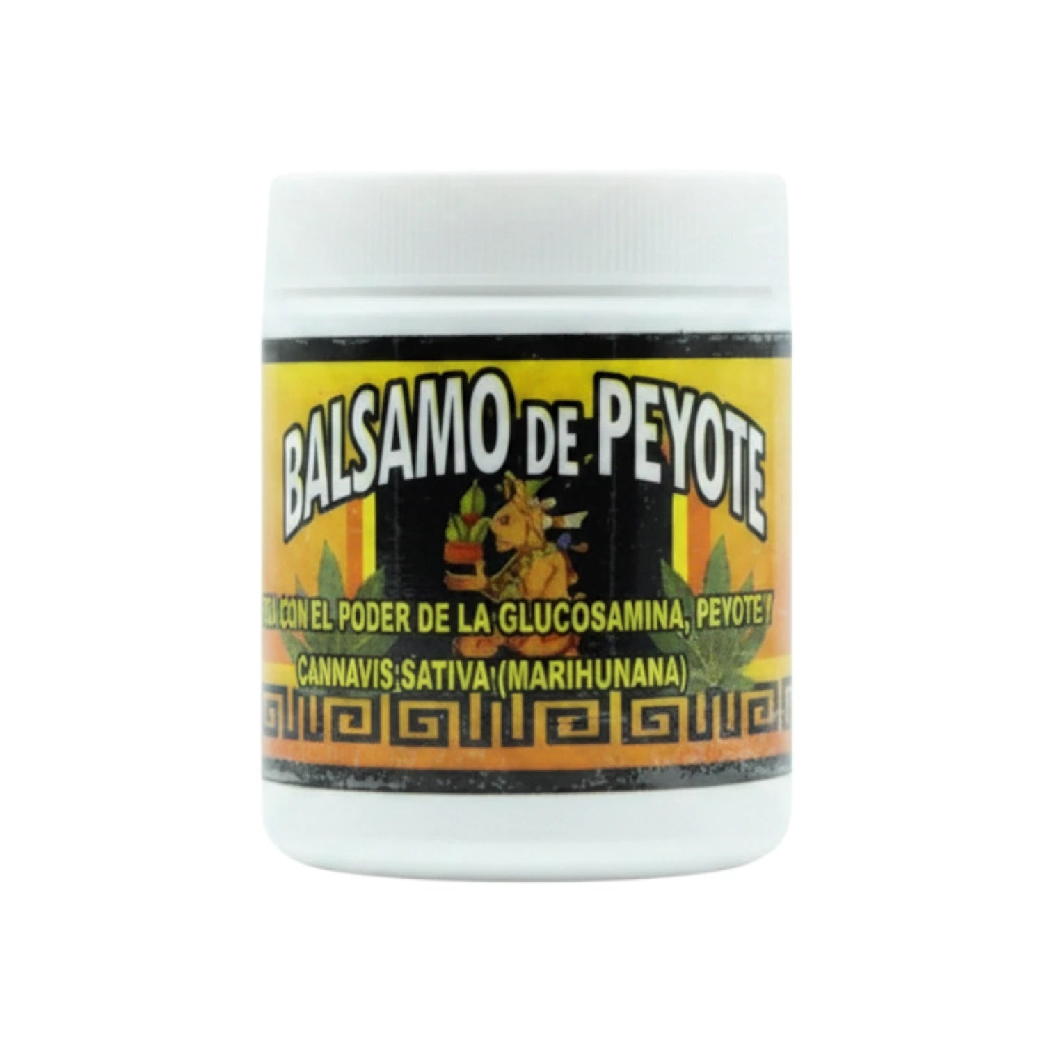 Frasco blanco de 120 g de Bálsamo de Peyote Montis con etiqueta amarilla y negra de estilo prehispánico, sobre fondo blanco