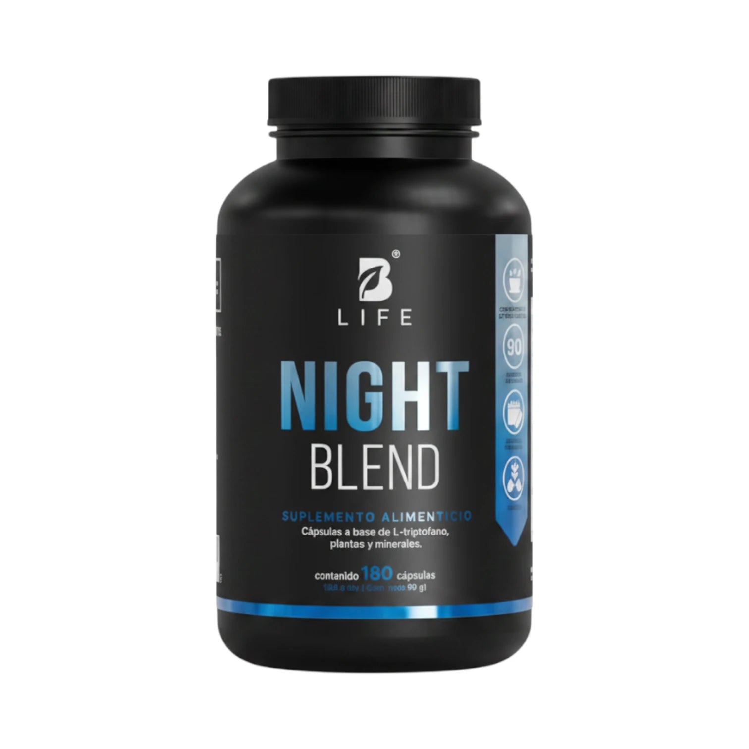 Frasco de Night Blend B Life, suplemento alimenticio a base de L-triptófano, plantas y minerales, 180 cápsulas.