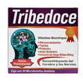 Suplemento alimenticio Tribedoce Vitaminas Neurotropas en presentación de caja con 10 microbotellas bebibles; fórmula reconstituente del cerebro y los nervios adicionada con Hidroxocobalamina, Tiamina, Piridoxina, Ácido Glutámico y Extracto de Gingo Biloba 80mg