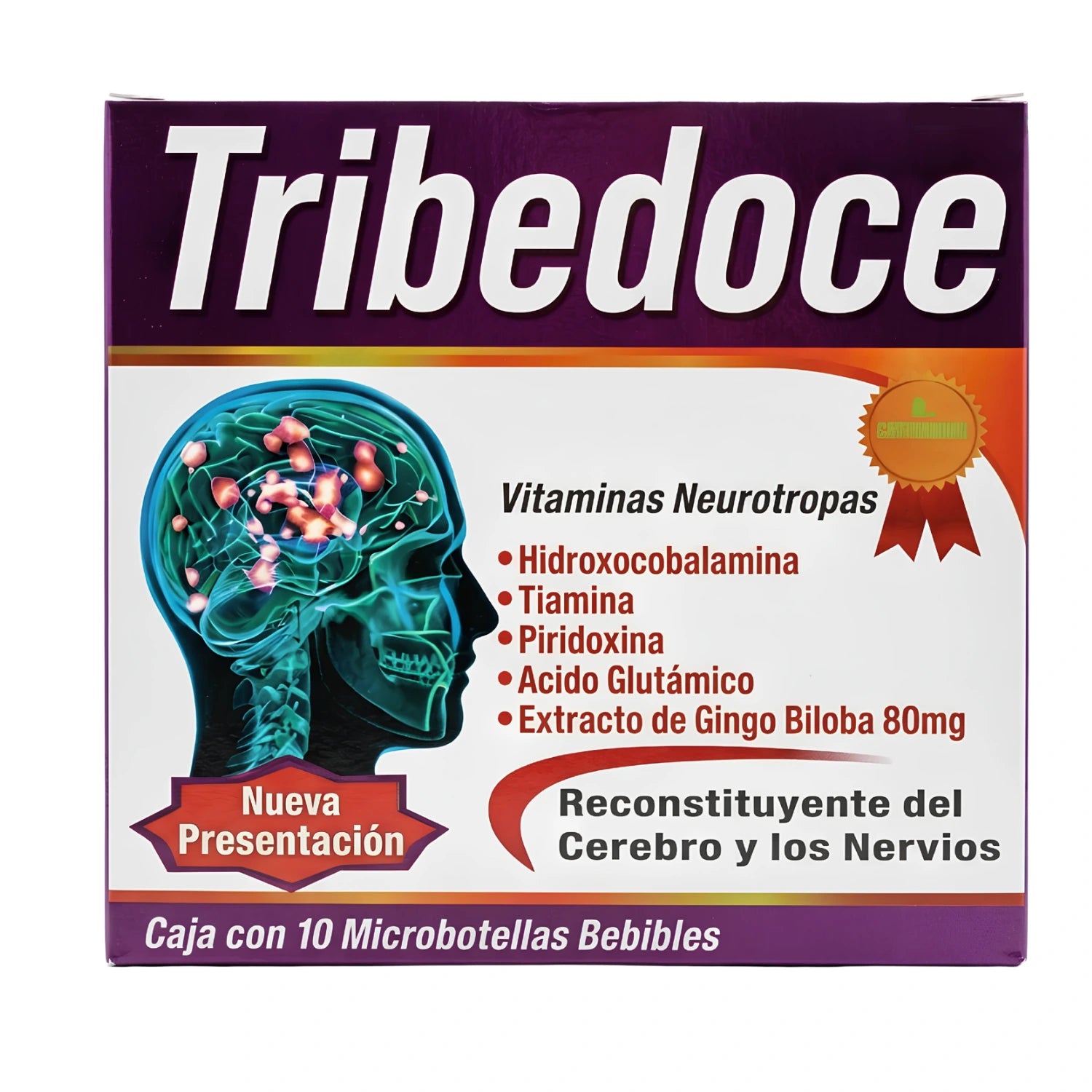 Suplemento alimenticio Tribedoce Vitaminas Neurotropas en presentación de caja con 10 microbotellas bebibles; fórmula reconstituente del cerebro y los nervios adicionada con Hidroxocobalamina, Tiamina, Piridoxina, Ácido Glutámico y Extracto de Gingo Biloba 80mg