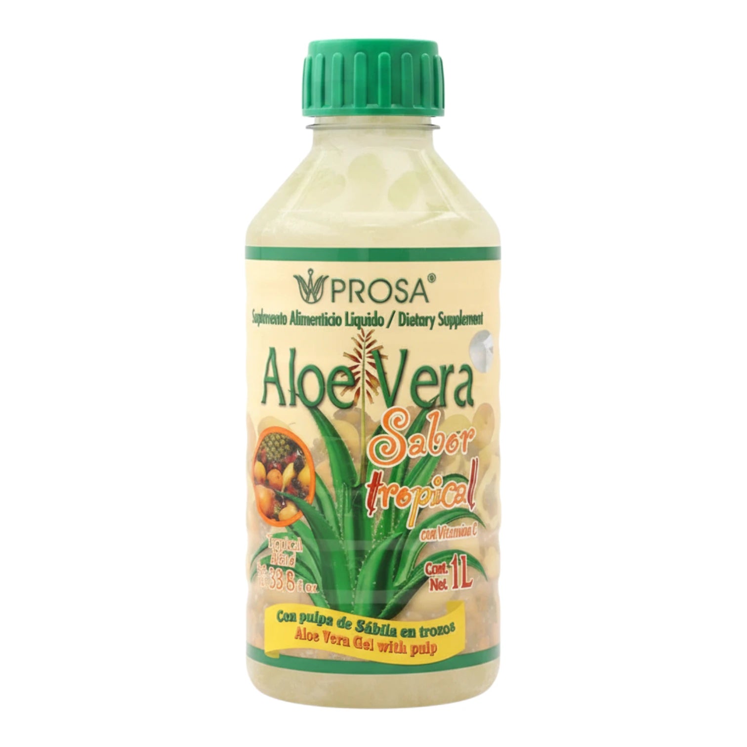Frasco de Aloe Vera Sabor Tropical con Pulpa de Sábila Prosa, presentación líquida de 1 litro.