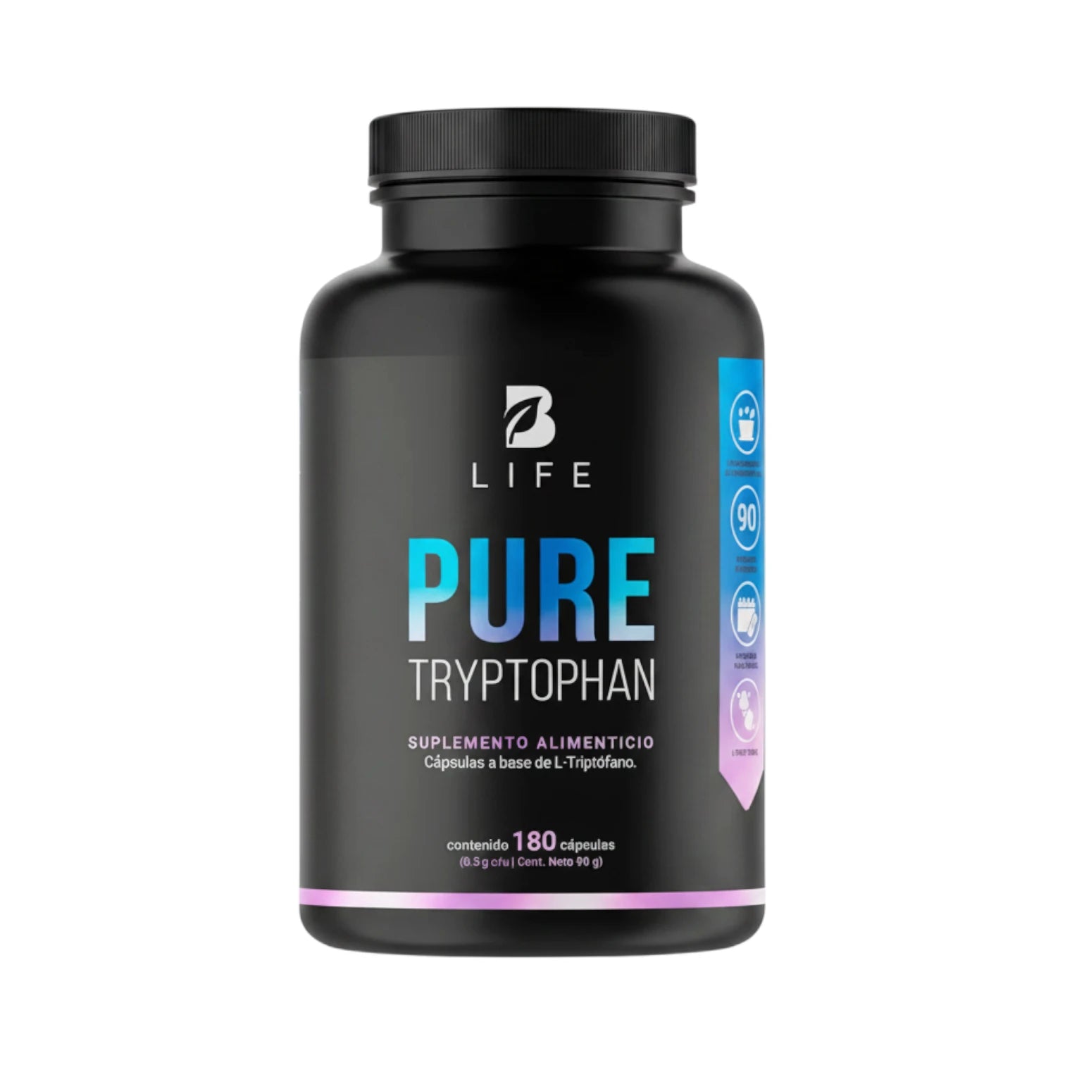 Frasco de Pure Tryptophan B Life, suplemento alimenticio a base de L-triptófano, 180 cápsulas.