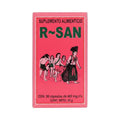 Caja rosa de R-San con 50 cápsulas de 400 mg, ilustración de figuras prehispánicas, sobre fondo blanco