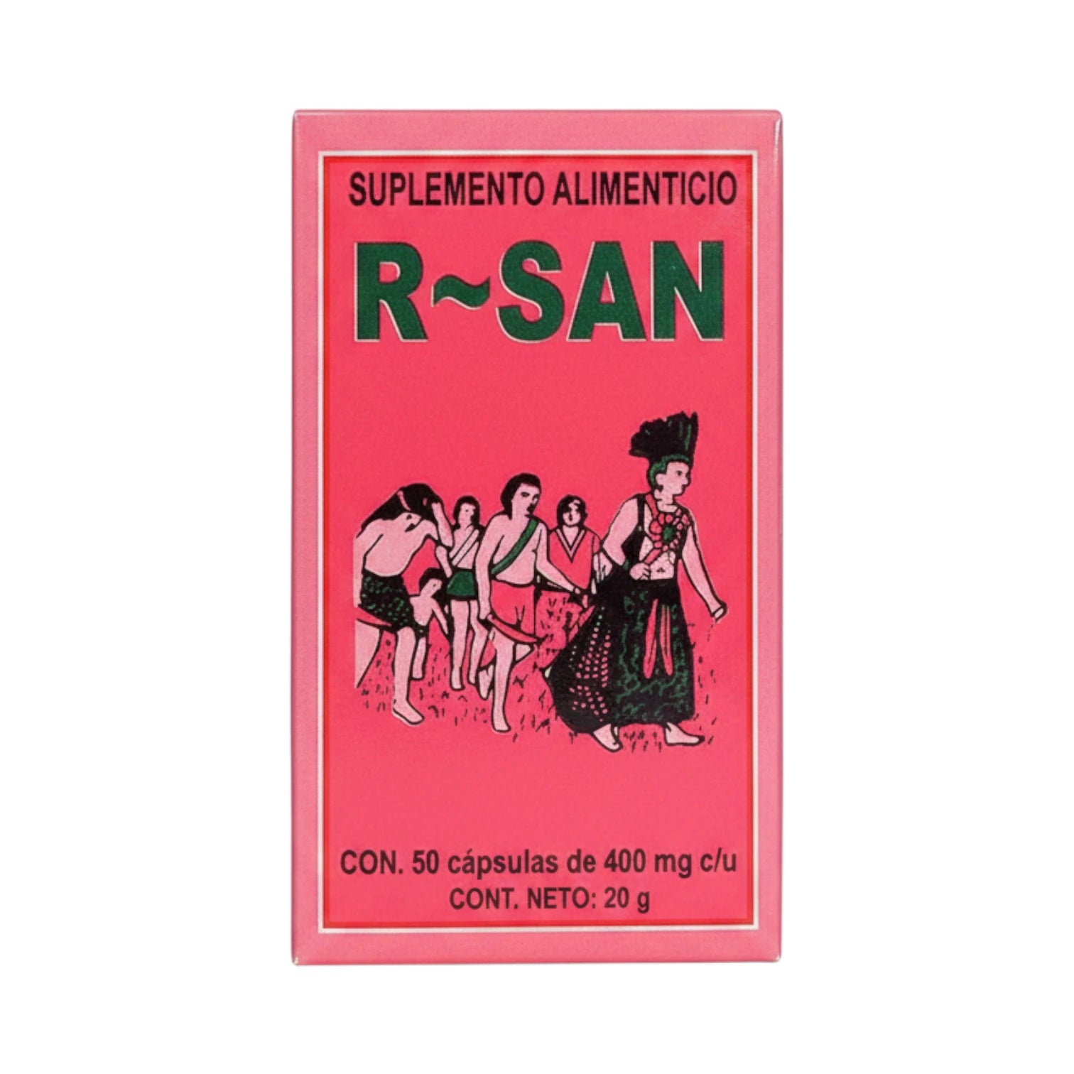 Caja rosa de R-San con 50 cápsulas de 400 mg, ilustración de figuras prehispánicas, sobre fondo blanco