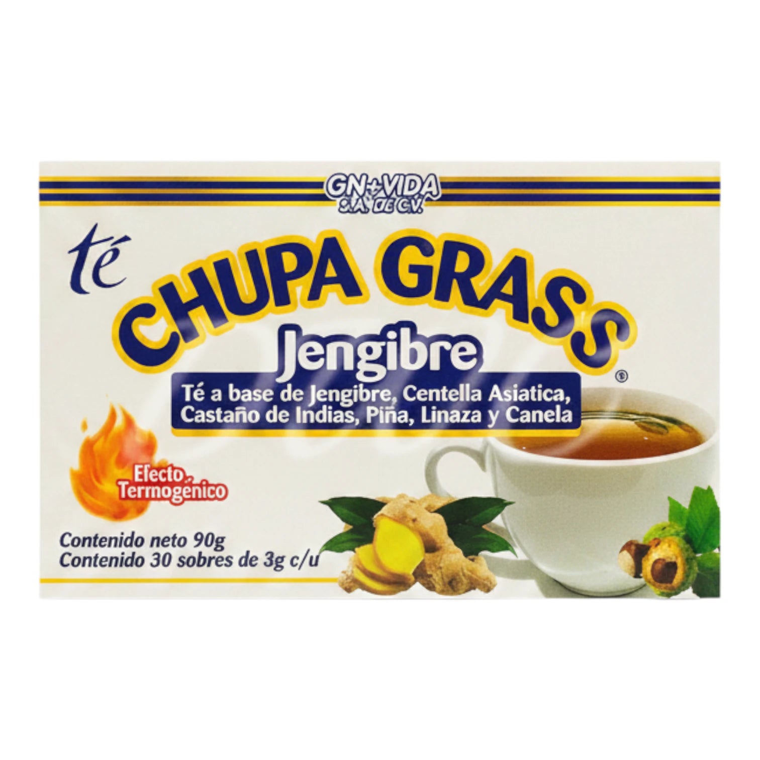 Caja de Té Chupa Grass Jengibre, complemento alimenticio con mezcla de hierbas y especias.
