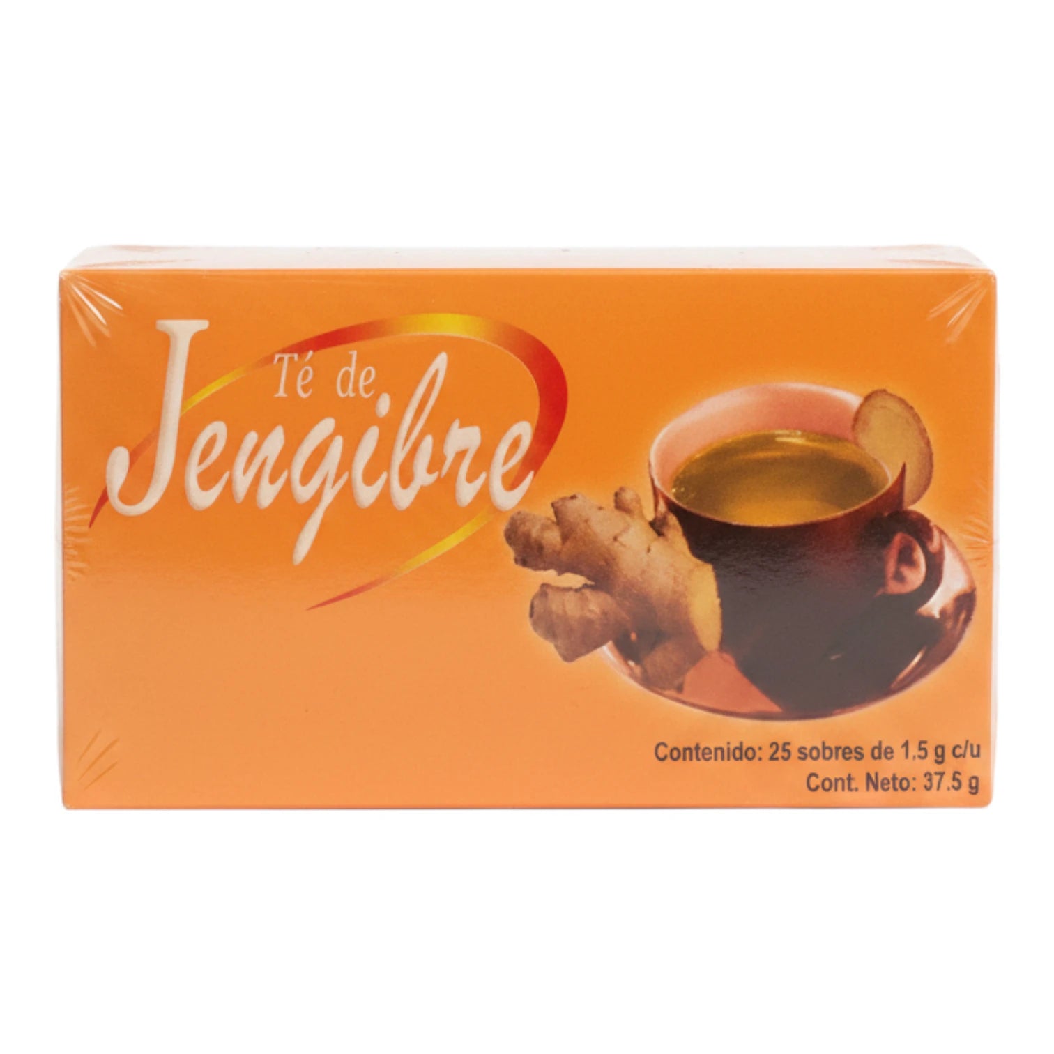Caja naranja de Té de Jengibre con 25 sobres, ilustración de taza y raíz de jengibre, sobre fondo blanco