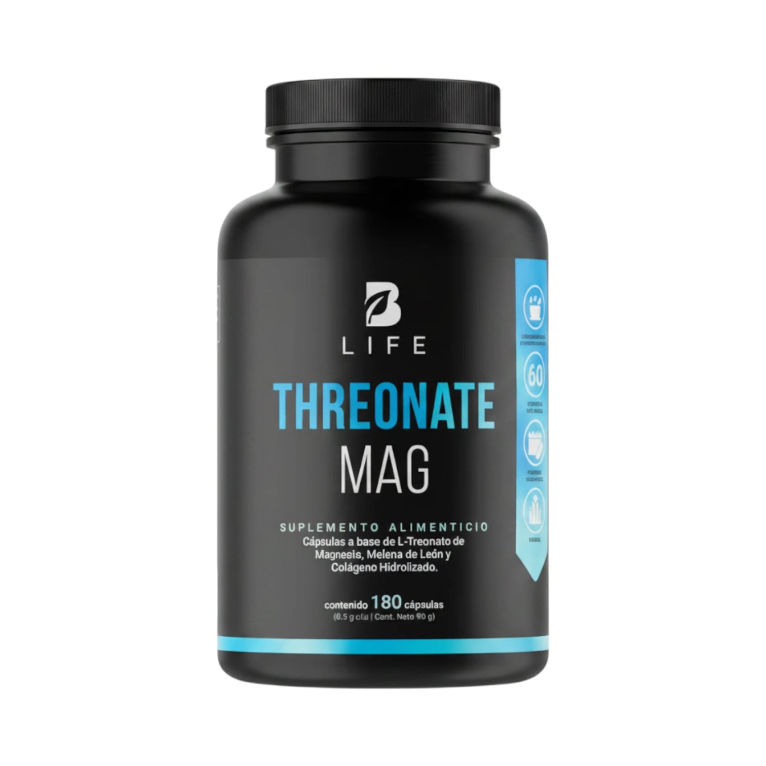 Frasco de Threonate Mag B Life, suplemento alimenticio a base de L-Treonato de Magnesio, melena de león y colágeno hidrolizado, 180 cápsulas