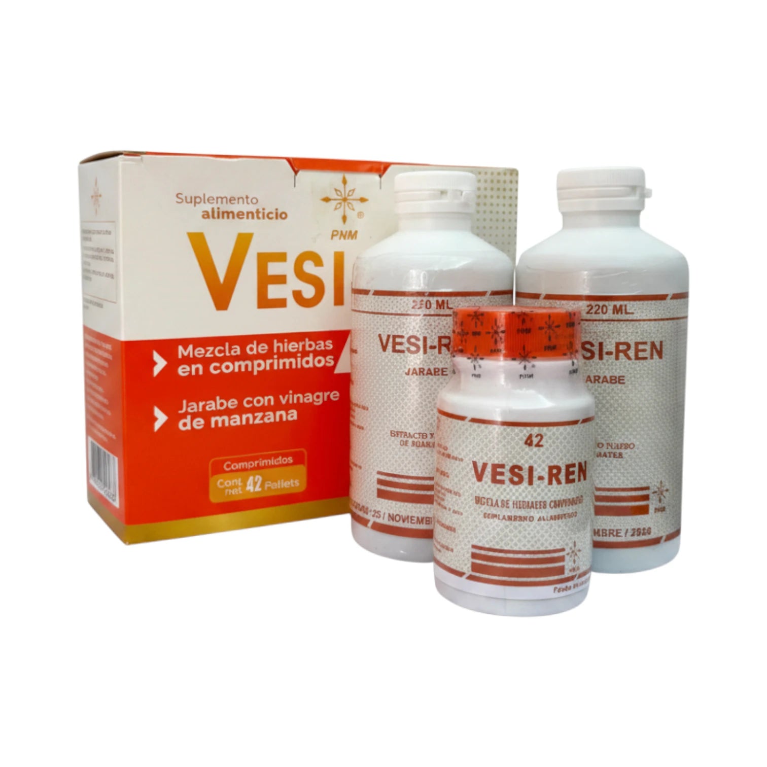 Kit de Tratamiento Vesi-Ren Pronamed con 2 frascos de 220 ml y 1 frasco con 42 comprimidos.